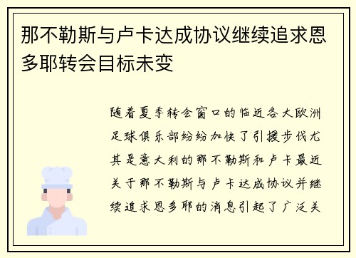 那不勒斯与卢卡达成协议继续追求恩多耶转会目标未变