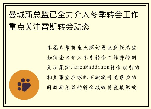 曼城新总监已全力介入冬季转会工作重点关注雷斯转会动态